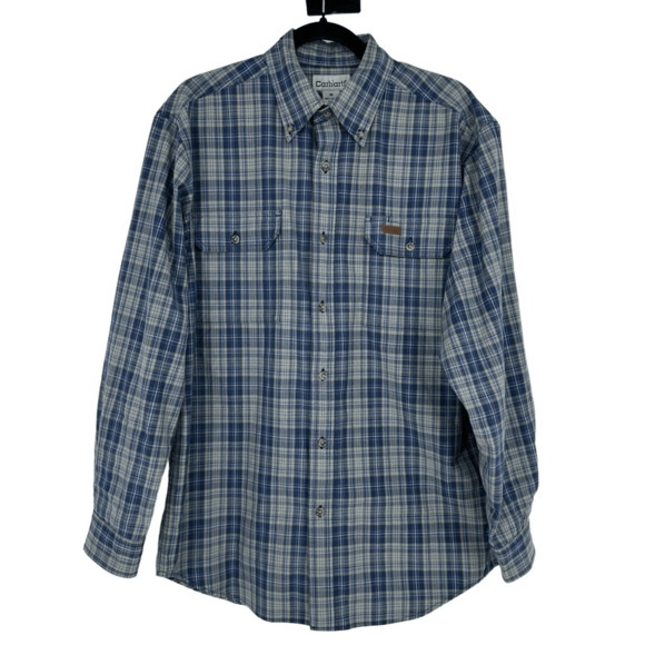 Vintage Carhartt Mens Button Down Shirt Size M Blue Plaid Utility Preppy Western - Picture 1 of 10